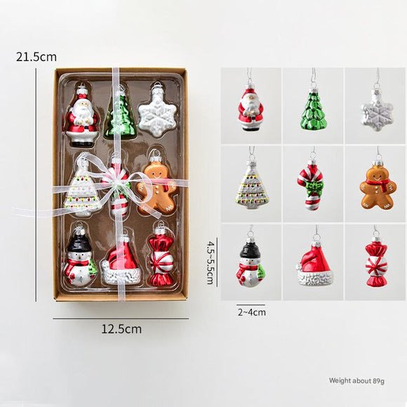 NNEDSZ Style A Colorful Charming Miniature Glass Christmas Ornament Set - 9pc Classic Holiday Figures