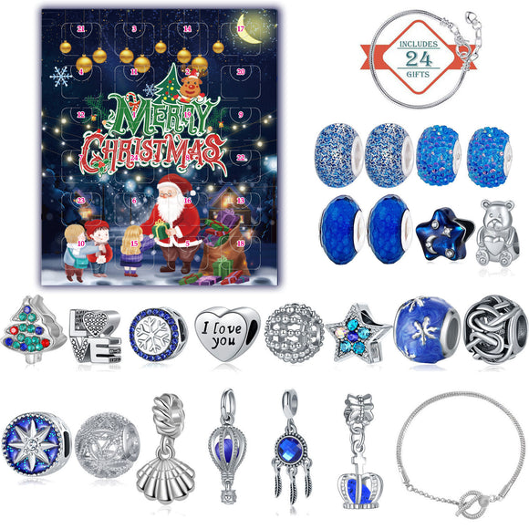 NNEDSZ Christmas Advent Calendar DIY Charm Bracelet Kit - 24 Days of Surprise Jewelry (Blue Starry Night Theme)