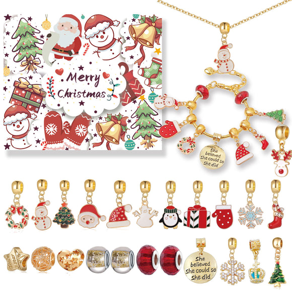 NNEDSZ Gold Christmas Advent Calendar DIY Jewelry Kit - 24 Surprises with Gold-Tone Charm Bracelet & Necklace