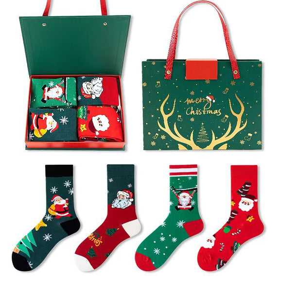 NNEDSZ Festive 4-Pair Christmas Sock Gift Box Set - European & American Santa & Snowman Cartoon Cotton Socks