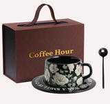 Black Camellia Elegant Ceramic Coffee Cup & Saucer Set - Couples Gift Box, Premium Wedding & Bridesmaid Favor, High-End Exquisite Design