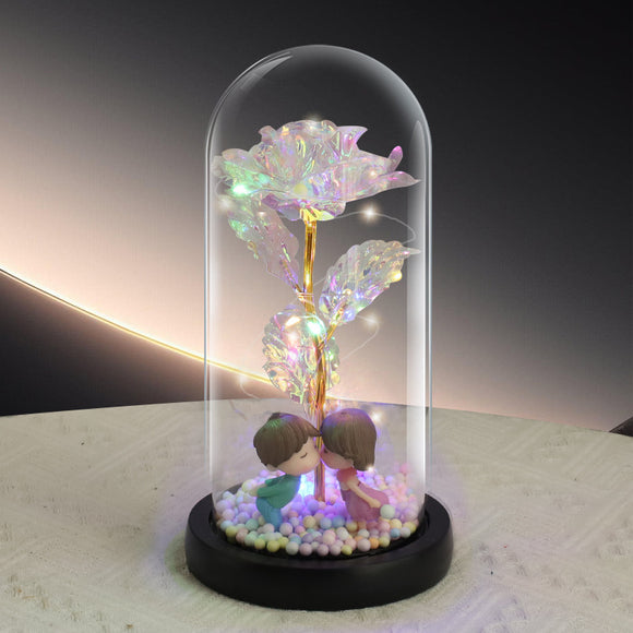 NNEDSZ Kissing Couple Figurine Colorful Rose LED Light – Anniversary Flower Gift in Glass Dome for Her, Mom, or Girlfriend