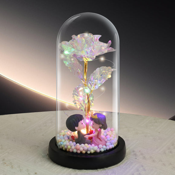NNEDSZ Wedding Couple Figurine Colorful Rose LED Light – Anniversary Flower Gift in Glass Dome for Her, Mom, or Girlfriend
