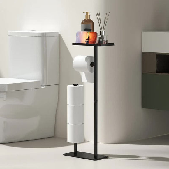 2-in-1 Freestanding Toilet Paper Holder - Thick Carbon Steel with Matte Black Finish, Storage Top and 2 * Paper Roll Holder