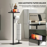 2-in-1 Freestanding Toilet Paper Holder - Thick Carbon Steel with Matte Black Finish, Storage Top and 2 * Paper Roll Holder