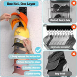 2-Pack 10-Tier Black Wall-Mounted Hat Rack with Installation Accessories - Space-Saving Plastic Baseball Cap and Other Hat Organizers