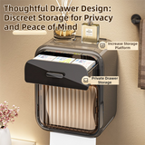 Black No-Drill Wall Mounted Toilet Paper Holder with Storage Shelf and Drawer - Waterproof Bathroom Tissue Dispenser for Roll & Face Tissue