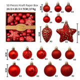 50-Piece Red Christmas Ornament Set – Assorted Shatterproof Baubles with Glitter Stars for Holiday Tree Decor