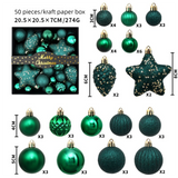 50-Piece Green Christmas Ornament Set – Assorted Shatterproof Baubles with Glitter Stars for Holiday Tree Decor