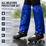 Royal Blue Waterproof Windproof Cycling Shoe Covers & Long Half Rain Pants Set – 2 Pairs Nonslip Reflective Half Toe Shoe Covers and 1 Pair Quick Pull-On Adjustable Leg Covers 3XL for Commuting, Hiking and Outdoor Riding