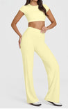 M Size Yellow High Waisted Flare Yoga Pants for Women - M-Shaped Peach Hip Lifting Wide-Leg Workout Trousers with Soft & Skin Feel Four Way Stretch Fabric, Breathable & Quick Dry