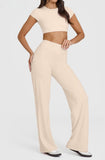 S Size Apricot High Waisted Flare Yoga Pants for Women - M-Shaped Peach Hip Lifting Wide-Leg Workout Trousers with Soft & Skin Feel Four Way Stretch Fabric, Breathable & Quick Dry