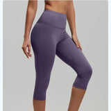 Purple XL Size Women's High Waist 3/4 Yoga Leggings - Peach Hip Lift Design, Breathable Stretch Fabric for Gym Running and Daily Wear