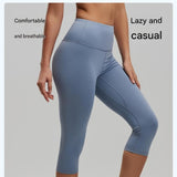 Dusty Blue S Size Women's High Waist 3/4 Yoga Leggings - Peach Hip Lift Design, Breathable Stretch Fabric for Gym Running and Daily Wear