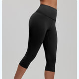 Black L Size Women's High Waist 3/4 Yoga Leggings - Peach Hip Lift Design, Breathable Stretch Fabric for Gym Running and Daily Wear