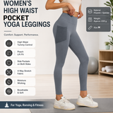 Grey M Size Women's High Waist Yoga Leggings with Mesh Side Pockets - Squat Proof, Peach Hip Lift, Breathable Stretch Fabric for Gym Running 、Pilates Wea and Daily Wear