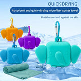 Grey Portable Quick Dry Towel with  Elephant Storage Box  - Microfiber Cooling Sports Sweat Towel with Silicone Case  for Gym Swimming Travel
