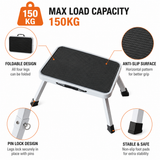 Compact Folding Carbon Steel Step Stool, Heavy Duty 150kg Capacity Step Stool with Non-slip Grooved Platform Mat and Secure Leg Lock Pins 46 x 30 x 17.5 cm