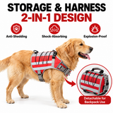 2-in-1 Black Dog Saddlebag Harness Backpack - Large Dog Adjustable Hiking Pack with Detachable Dual Side Pouches, Breathable Lining, Top Handle and Padded Neck Support