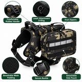 2-in-1 Khaki Dog Saddlebag Harness Backpack - Large Dog Adjustable Hiking Pack with Detachable Dual Side Pouches, Breathable Lining, Top Handle and Padded Neck Support