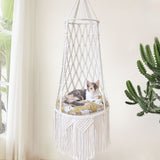 Boho Macrame Hanging Cat Hammock with 40cm Round Cushion, Wooden Beads and Tassels - 112cm Large Handmade Cotton Rope Cat Swing Bed for Indoor Outdoor Cats