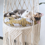 Boho Macrame Hanging Cat Hammock with 40cm Round Cushion, Wooden Beads and Tassels - 112cm Large Handmade Cotton Rope Cat Swing Bed for Indoor Outdoor Cats