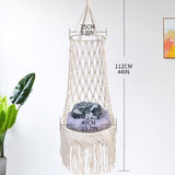 Boho Macrame Hanging Cat Hammock with Wooden Beads and Tassels - 112cm Large Handmade Cotton Rope Cat Swing Round Bed for Indoor Outdoor Cats