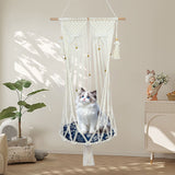 Boho Macrame Hanging Cat Hammock with Butterfly Bells & Tassels - 109cm Large Handmade Cotton Rope Cat Round Swing Bed, Indoor Outdoor Pet Lounge Chair