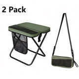 Green 2 Pack Portable foldable stool with a crossbody strap - High Carbon Steel Frame and Oxford Fabric Outdoor Camping Chair with Mesh Storage Pocket - Lightweight Travel Seat for Hiking Fishing and Festivals
