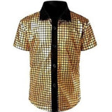 M size Men's 70s Disco Costume Set - Gold Plaid shirt with Black Bell Bottom Pants & Accessories, Retro Polyester Dance Outfit for Parties and Halloween