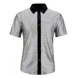 M size Men's 70s Disco Costume Set - Silvery Plaid shirt with Black Bell Bottom Pants & Accessories, Retro Polyester Dance Outfit for Parties and Halloween