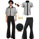 L size Men's 70s Disco Costume Set - Silvery Plaid shirt with Black Bell Bottom Pants & Accessories, Retro Polyester Dance Outfit for Parties and Halloween