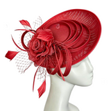 Red Saucer Fascinator Hat with Handcrafted Mesh Rose - Lightweight Wedding & Horse Race Day Headpiece with Feathers