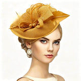 Yellow Elegant Sinamay Fascinator Hat with Feathers & Veil - 3-in-1 Wedding, Derby & Formal Event Headpiece with Headband & Clip - Lightweight Mesh Saucer Hat