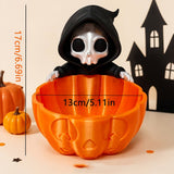Grim Reaper Halloween Candy Bowl - 3D Printed Pumpkin Storage Container with Skull Figure - Spooky Trick or Treat Holder, Succulent Planter & Key Organizer, 17cm Party Decor, Unique Gift Idea