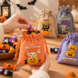 6 Pack Halloween Burlap Drawstring Bags - Assorted Printed Treat and Gift Pouches for Candy, Party Favours, Halloween Events and Seasonal Storage