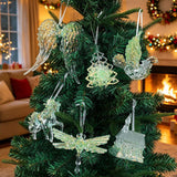 6 Piece Christmas Tree Ornament Set - Transparent Green Glitter Hanging Decorations with Tree, House, Dragonfly, Dove, Unicorn and Angel Wings for Festive Decor