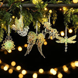 6 Piece Christmas Tree Ornament Set - Transparent Green Glitter Hanging Decorations with Tree, House, Dragonfly, Dove, Unicorn and Angel Wings for Festive Decor