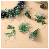 6 Piece Christmas Tree Ornament Set - Transparent Green Glitter Hanging Decorations with Reindeer, Snowflake, Butterfly, Owl, Tree and High Heel for Festive Decor