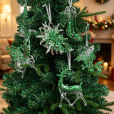 6 Piece Christmas Tree Ornament Set - Transparent Green Glitter Hanging Decorations with Reindeer, Snowflake, Butterfly, Owl, Tree and High Heel for Festive Decor