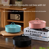 Black Metal Mosquito Coil Holder with Lid - 15 cm Round Iron Coil Burner with Ash Catcher, Ventilated Cover, Ring Handle and Raised Feet for Patio, Garden and Camping