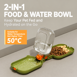 Green Portable Pet Water Bottle and Food Bowl - 460ml 2 in 1 Foldable Travel Feeder with One Touch Water Dispensing and Carry Strap for Dogs and Cats