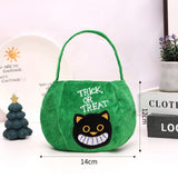Green Halloween Black Cat Trick or Treat Bag -  Plush Pumpkin Candy Tote with Cartoon Cat Design, Reusable Soft Fabric Handheld Gift Bag for Kids Halloween Parties and Decorations