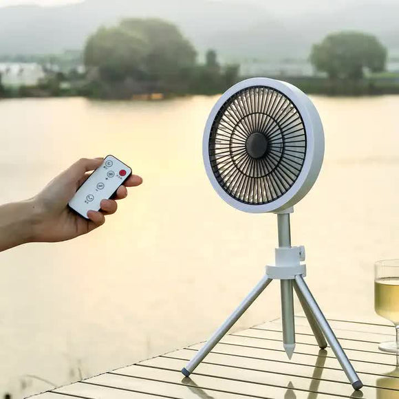 NNEDSZ White Portable Outdoor Tripod Fan – USB Rechargeable Camping Fan with Remote Control, Folding & Adjustable for Outdoor Activities and Travel
