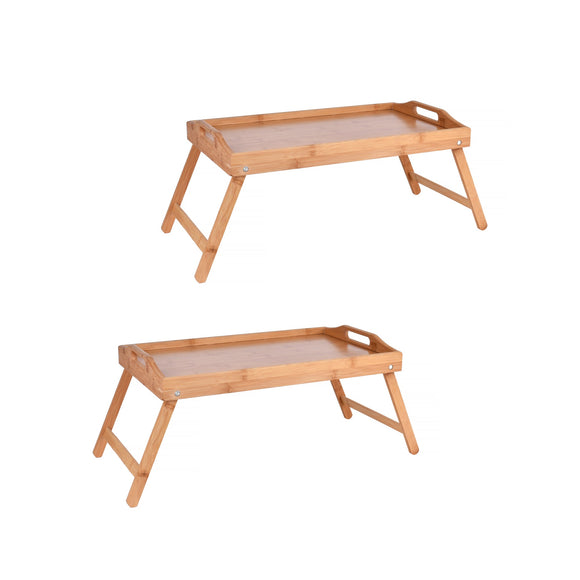 NNEDSZ 2 x Bamboo Bed Table Breakfast/Snack Serving Tray with Foldable Legs