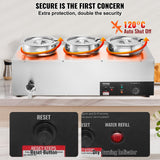 VEVOR Electric Soup Warmer, Three 7.4QT Stainless Steel Round Pot, 1200W Commercial Food Warmer, 30 - 85℃ Adjustable Temp, Bain Marie with Anti-Dry Burn and Reset Button, for Restaurant, Buffet