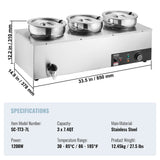 VEVOR Electric Soup Warmer, Three 7.4QT Stainless Steel Round Pot, 1200W Commercial Food Warmer, 30 - 85℃ Adjustable Temp, Bain Marie with Anti-Dry Burn and Reset Button, for Restaurant, Buffet