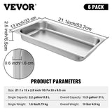 VEVOR Hotel Pans Full Size 2.5 Inch Deep, Steam Table Pan 6 Pack , 22 Gauge/0.8mm Thick Stainless Steel Hotel Pan Anti Jam Steam Table Pan