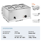 VEVOR 3-Pan Commercial Food Warmer, 16.5L Electric Steam Table, 1200W Professional Countertop Stainless Steel Buffet Bain Marie with 30 - 85℃ Temp Control for Catering and Restaurants, Silver