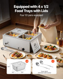 VEVOR Commercial Food Warmer, 1500W Electric Stainless Steel Steam Food Warmer with Lid, 4-Pan Fast Heating Countertop Buffet Bain Marie with Soup & Perforated Ladles, for Catering, Restaurant, Party